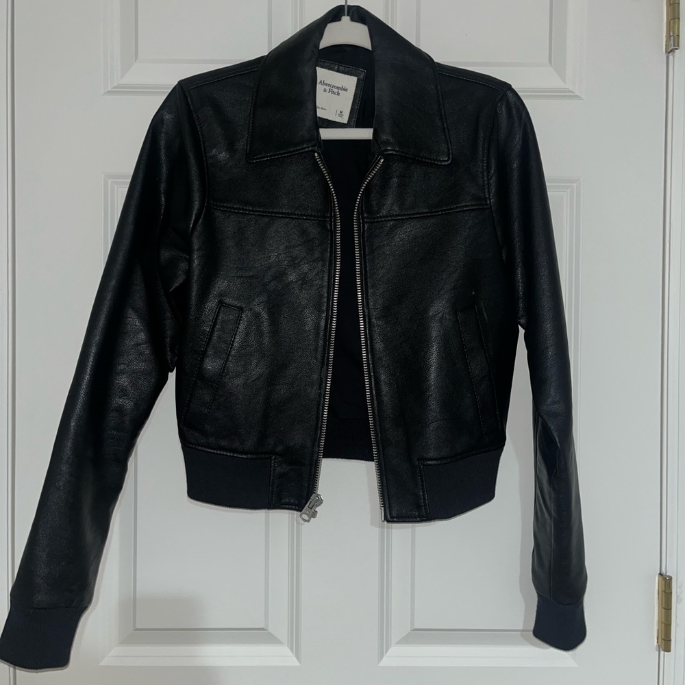 Abercrombie & Fitch black leather jacket. Size medium. Slight crop/hip length.